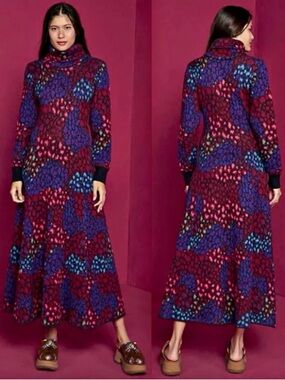 FARM RIO LEOPARD MIX DOUBLE KNIT TURTLENECK SWEATER DRESS size XS EUC